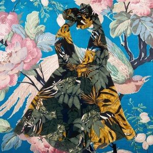 Tropical pattern romper wrap neck (dark blue, yellow and green)